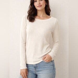 LOFT Cream Waffle-Knit Long Sleeve Top